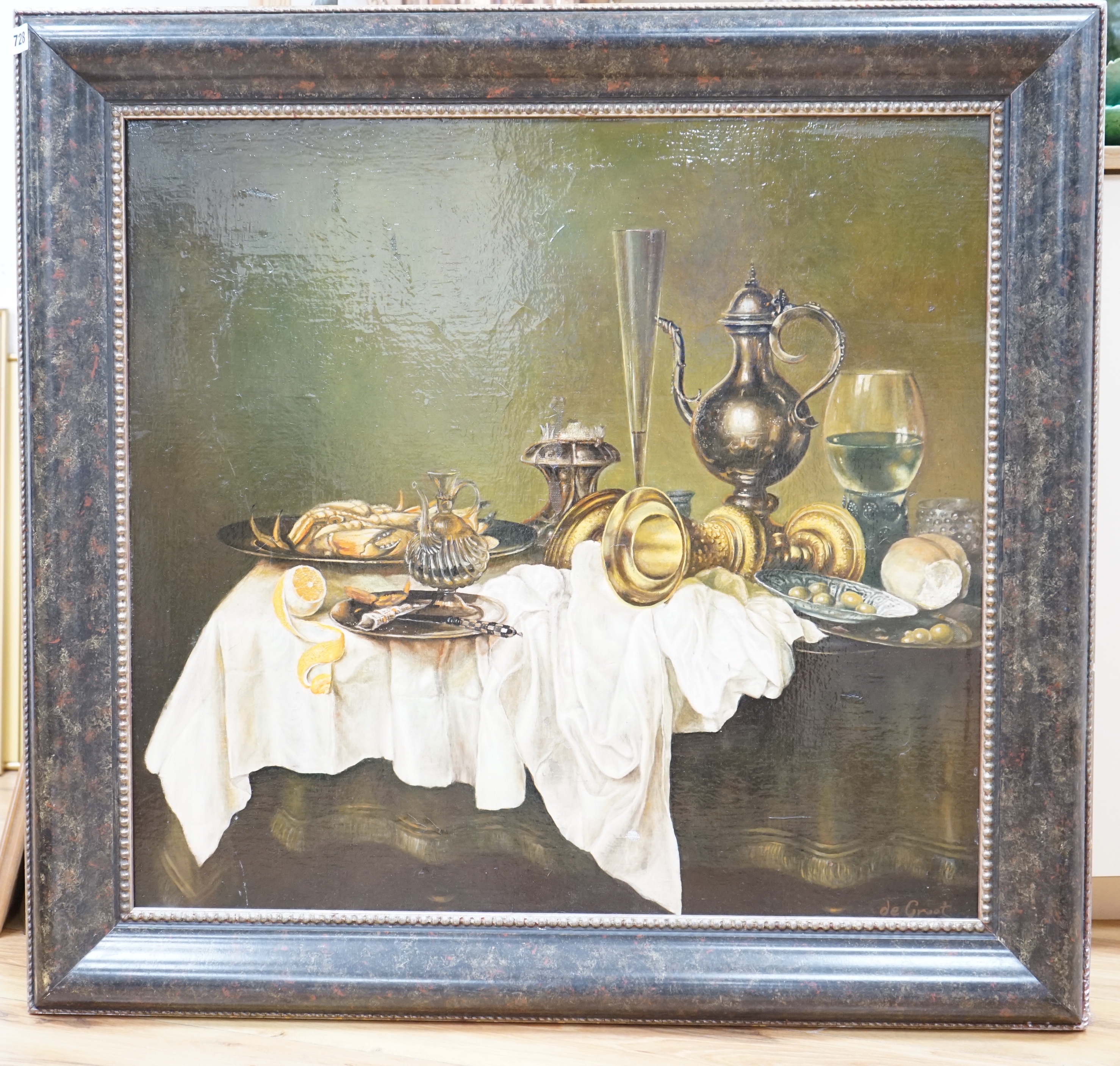 De Groot, Dutch oil on canvas, Still life of vessels, signed, 74 x 69cm
